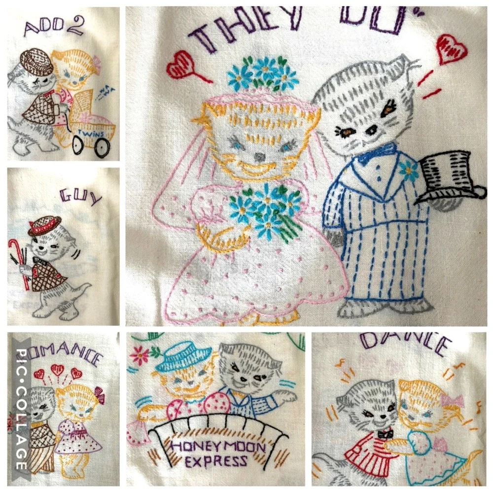 Hand Embroidered Cat Tea Towels Set 6 Kitsch Wedding Honeymoon